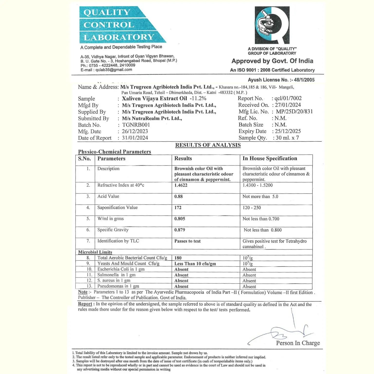 government certified quality control test result